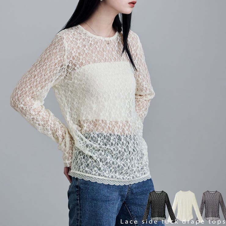 Fashion Letter etoll. エトル レースサイドタックドレープトップス トップス カットソー 長袖 プルオーバー レース タック インナー シアー クルーネック 肌見せ 花柄 レイヤード トップス