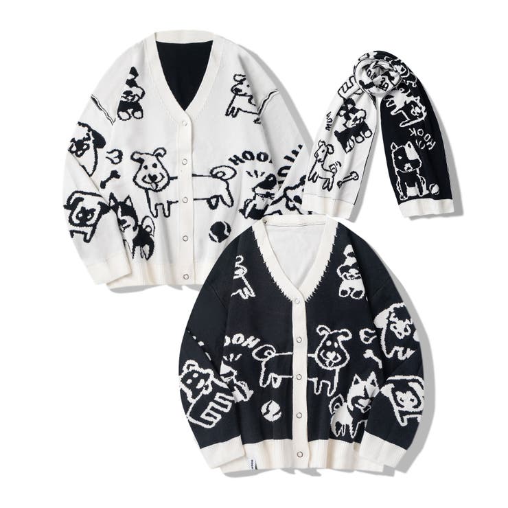 【ポイント2倍＆クーポン！3/11(水) 1:59まで】HOOK 2WAYリバーシブルワンちゃんニットカーディガン マフラー付き【AW】 トップス