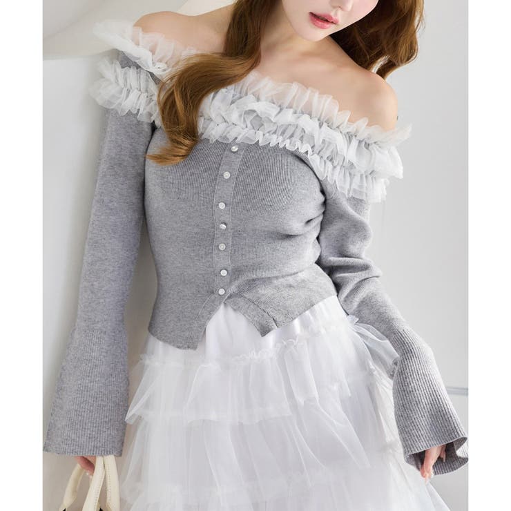 NICE CLAUP / OLIVE des OLIVE　OUTLET 【one after another】チュールフリルオフショルニット トップス