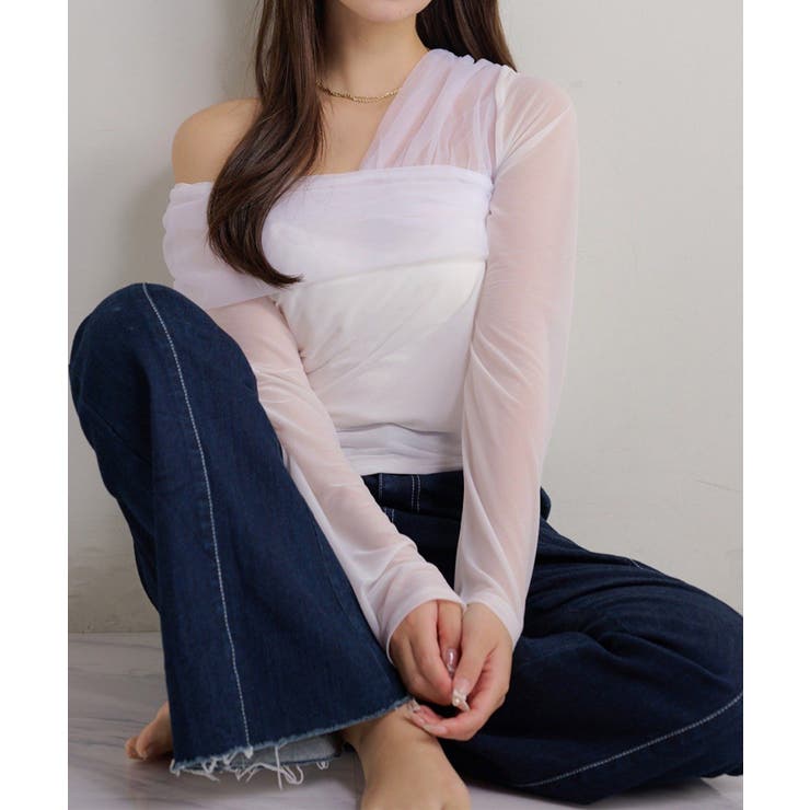 【20％OFFクーポン！7/25(土)限定】NICE CLAUP / OLIVE des OLIVE OUTLET 【Seemi】チュールオフショルトップス トップス