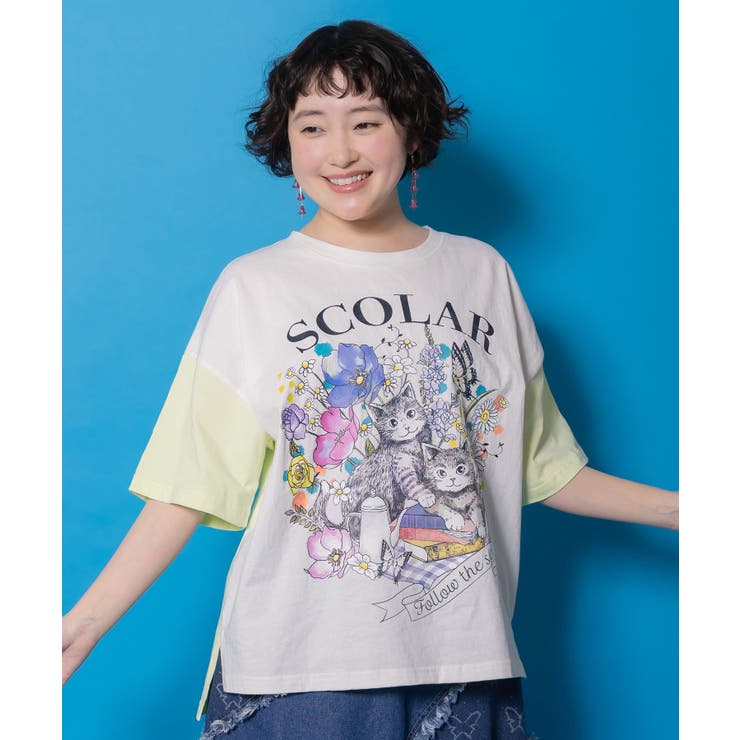 【10％OFFクーポン！5/16(土)1:59まで】ScoLar 花ネコピクニック柄配色Tシャツ トップス