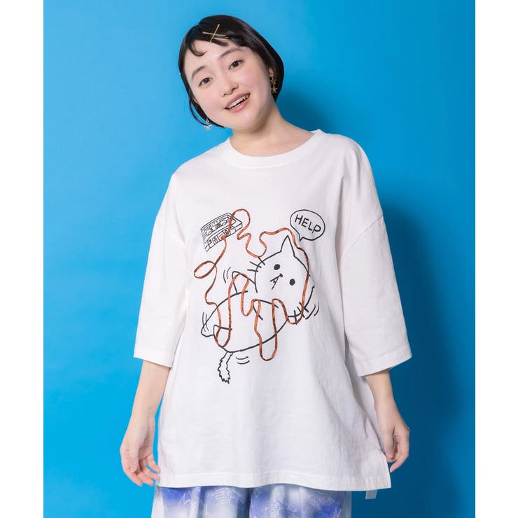 T-Shirts - ScoLar カセットテープにからまるネコTシャツ トップス