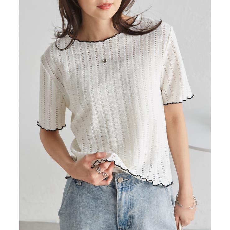 【20％OFFクーポン！7/25(土)限定】RANAN 透かし柄メロー配色Tシャツ トップス