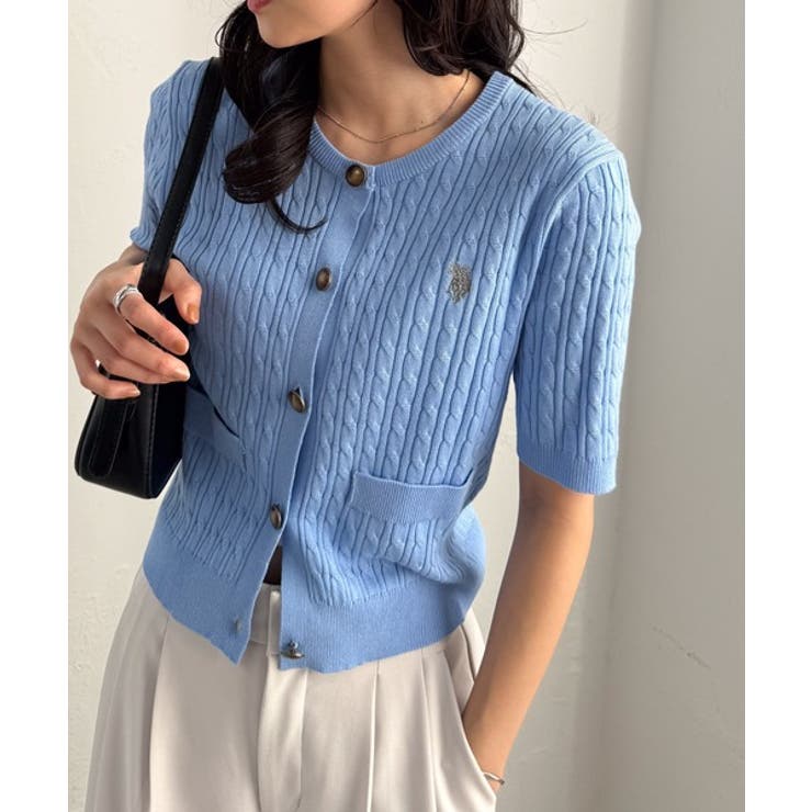 【10％OFFクーポン！6/11(木)1:59まで】RANAN ＜U.S.POLO ASSN.＞ゴールドボタン半袖刺繍ケーブルニットカーディガン トップス
