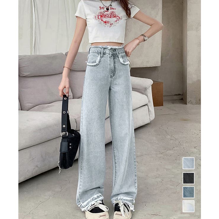 【10％OFFクーポン！11/27(木)1:59まで】Miniministore フリンジ デニムパンツ ハイウエスト美脚 パンツ・ズボン