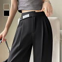 【8/11まで5%OFFクーポン】アクセサリーショップPIENA パンツ レディース 春夏秋 ロング丈 ワイド ストレート ウエストボタン 非対称 ハイウエスト タック ポリエステル ウエスト英字 黒 パンツ・ズボン