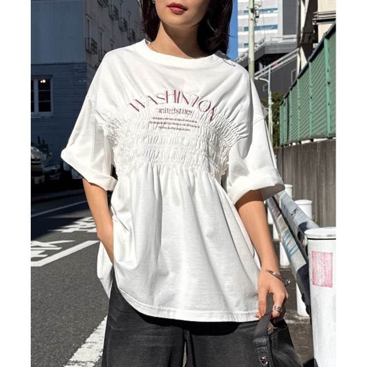 【20％OFFクーポン！7/25(土)限定】RANAN 多機能シャーリングプリントTシャツ トップス