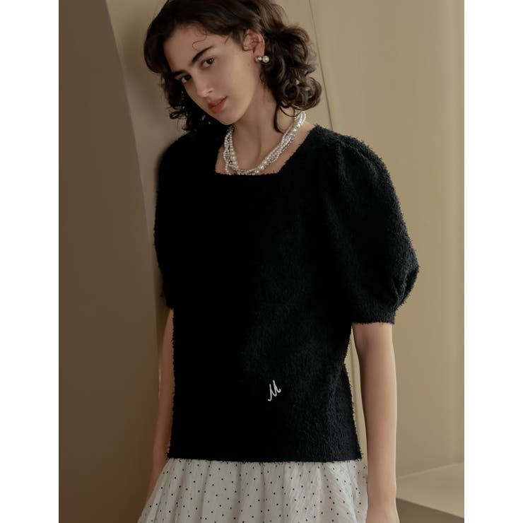 Re:EDIT [MEISM by Re:EDIT]ピンバッジ付きスクエアネックフリンジツイードライク半袖ニットトップス トップス shoplistselect-10503099 SHOPLIST サンプル画像3