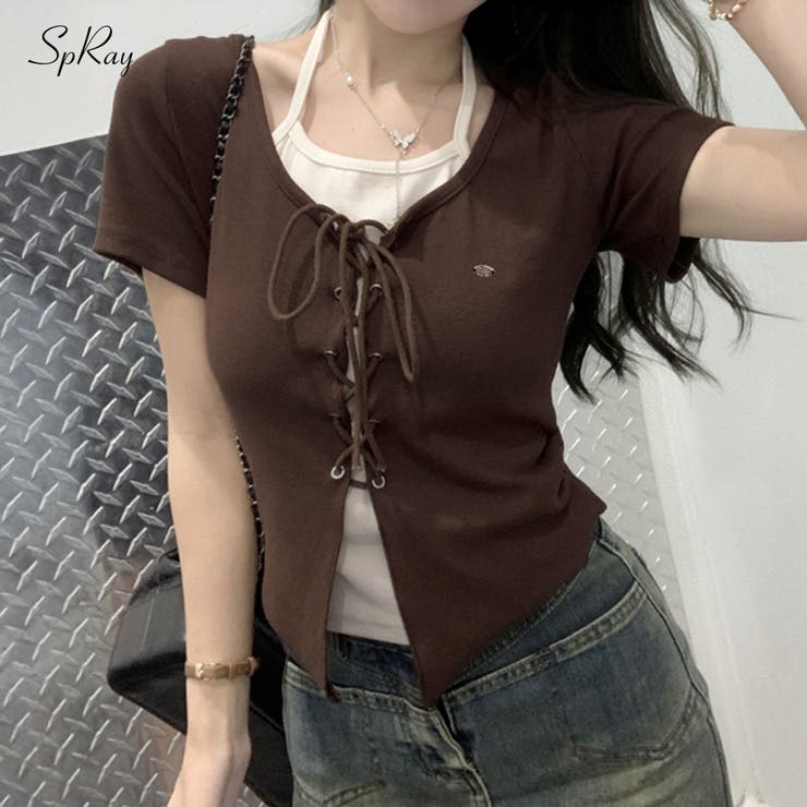【10％OFFクーポン！5/16(土)1:59まで】SpRay レースアップフェイクレイヤードトップス トップス