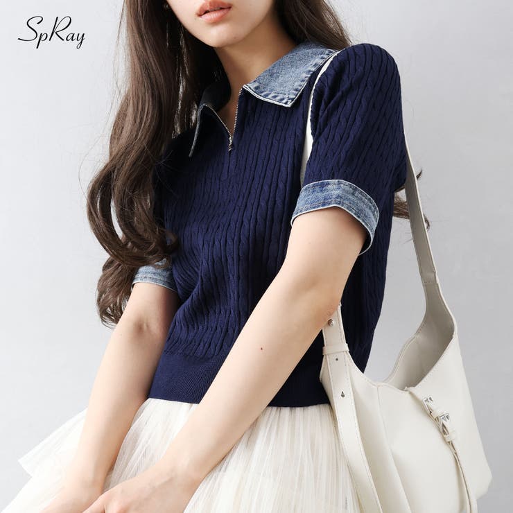 【10％OFFクーポン！6/11(木)1:59まで】SpRay デニム切替ケーブルハーフジップショートスリーブ トップス