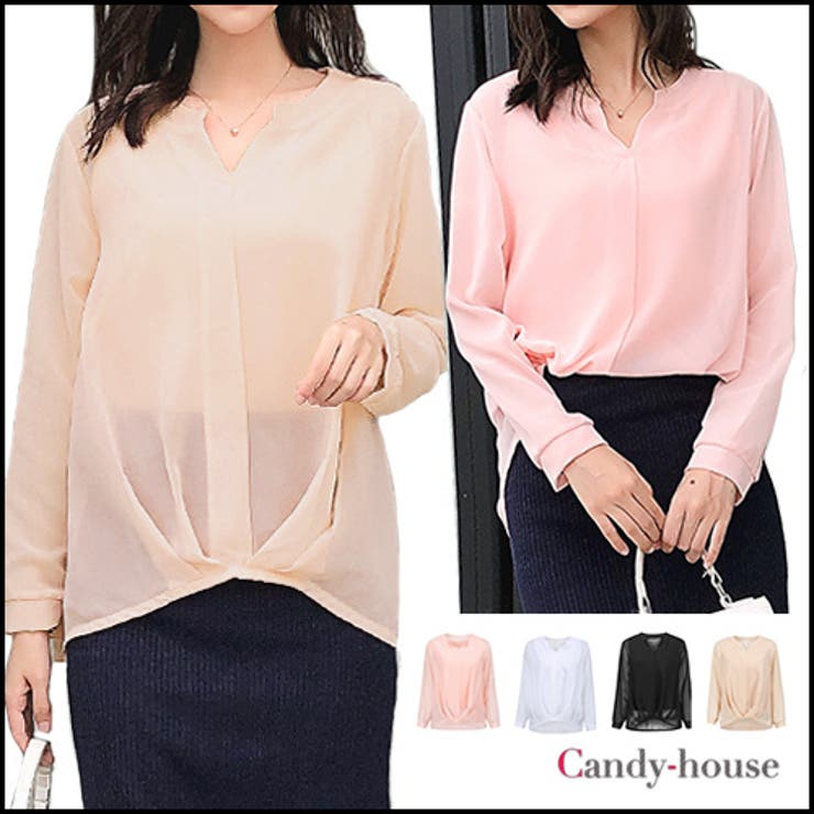 Sleeveless - candy-house シアーブラウス トップス 長袖 透け感 ブラウス オフィス 2点セット Vネック タンクトップ付 秋冬 1938 トップス