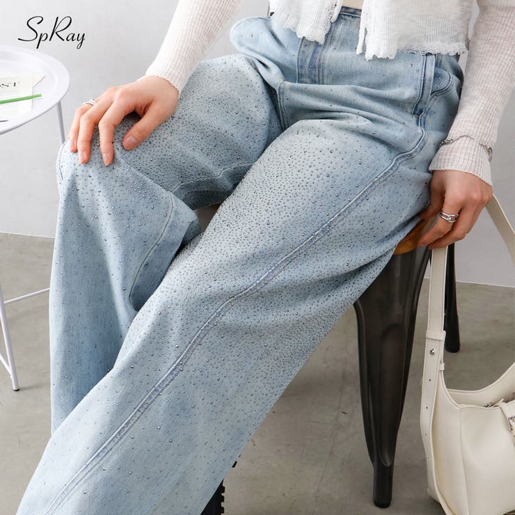 SpRay 스터드 데님 배럴 바지 바지 바지