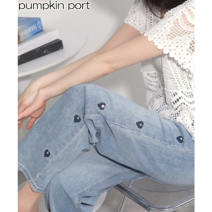 Pumpkin Port 사이드 하트 & 비쥬 포인트 데님 팬츠 바지 바지