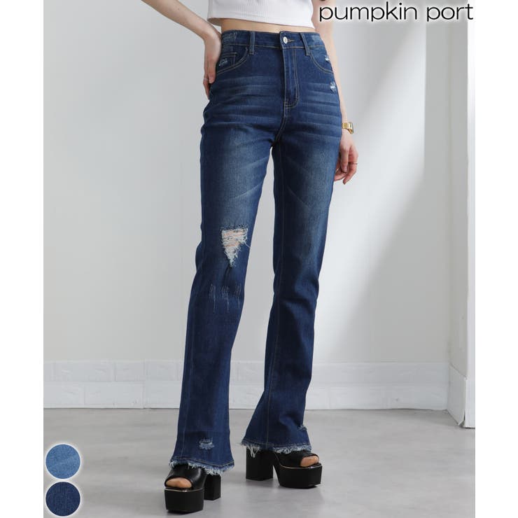 Pumpkin Port 브로큰 데미지 데님 플레어 롱 팬츠 바지 바지