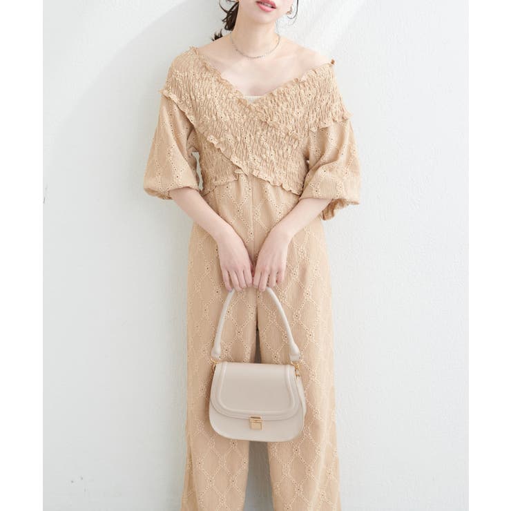 【20％OFFクーポン！5/15(金)限定】NICE CLAUP / OLIVE des OLIVE　OUTLET 【natural couture】カットレースフロントクロスサロペ パンツ・ズボン
