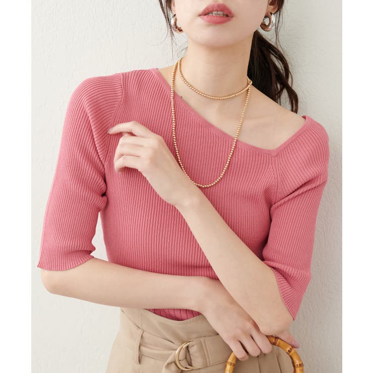 NICE CLAUP / OLIVE des OLIVE　OUTLET 【natural couture】アシメネックリブ半袖ニット トップス