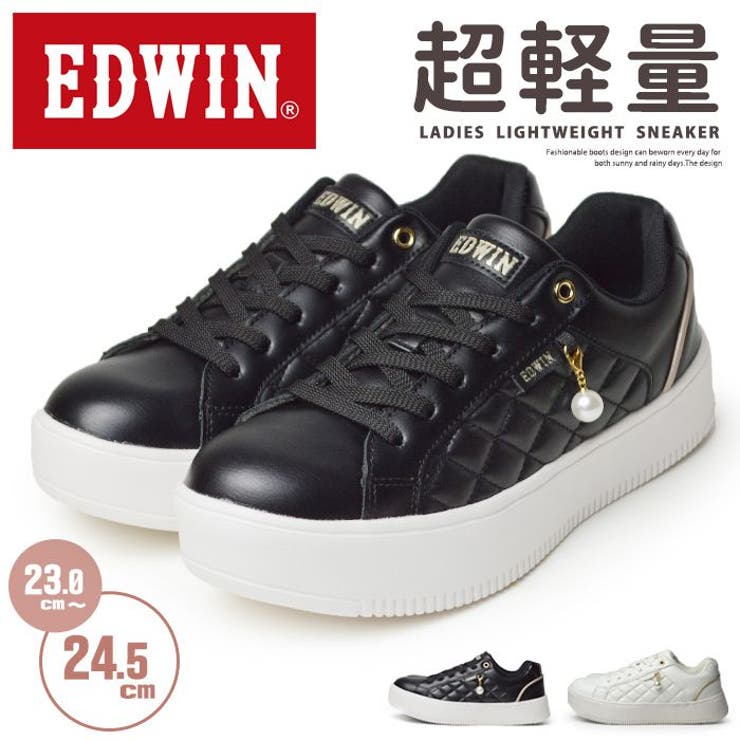ShoeSquare WOMEN EDWIN エドウィン スニーカー レディース 厚底 カジュアルシューズ 軽量 防滑 チャーム付き パール 真珠 キルティング ラメ ロゴ 厚底ソール ローカット 靴 女子 シューズ・靴