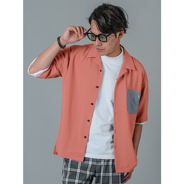 REGIEVO 【ポケット配色オープンシャツ】メンズ トップス ストリート アスレジャー 開襟シャツ 半袖シャツ ドロップショルダーオープンシャツ トップス