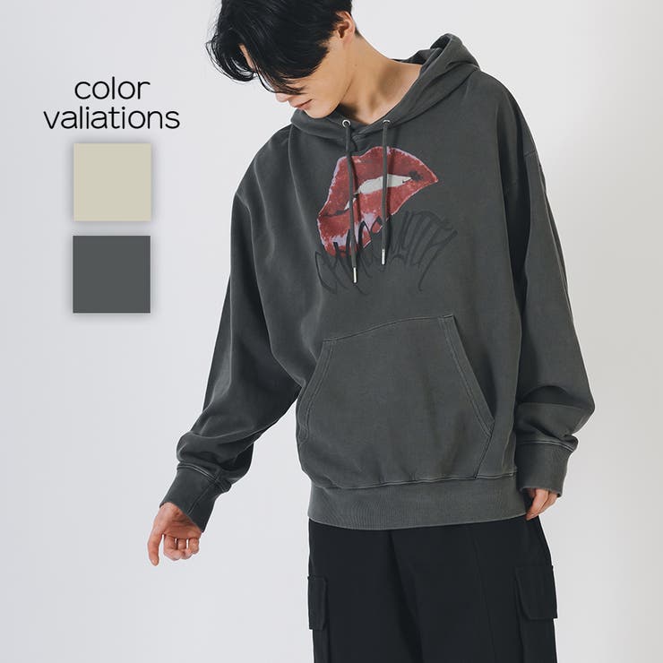 REGIEVO リッププリント パーカー メンズ ビッグシルエット ストリート系 トップス