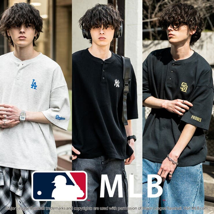 【10％OFFクーポン！6/11(木)1:59まで】Rocky Monroe MLB ワッフルTシャツ ヘンリーネック メジャーリーグベースボール 半袖 メンズ レディース NY LA SD カットソー ワンポイント ロゴ 別注 プリント シンプル オー
