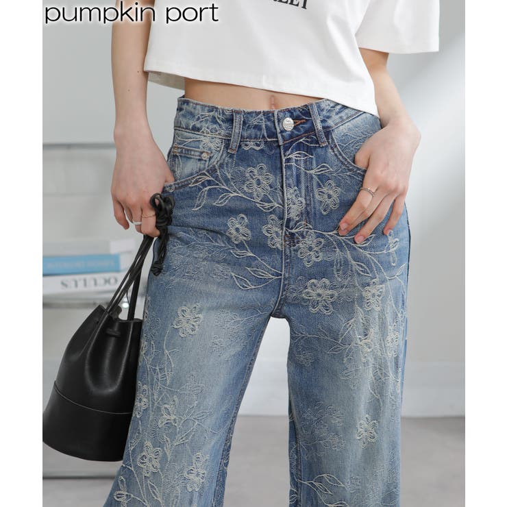 Pumpkin Port 꽃무늬 자수풍 디자인 데님 팬츠 바지 바지