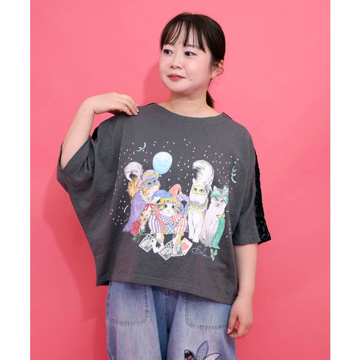 【10％OFFクーポン！5/16(土)1:59まで】ScoLar 仮面舞踏会のネコ柄 ドルマンスリーブTシャツ トップス