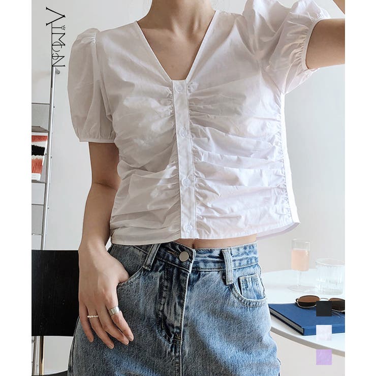 Aimoon ギャザーブラウス Vネック レディース 夏 トップス