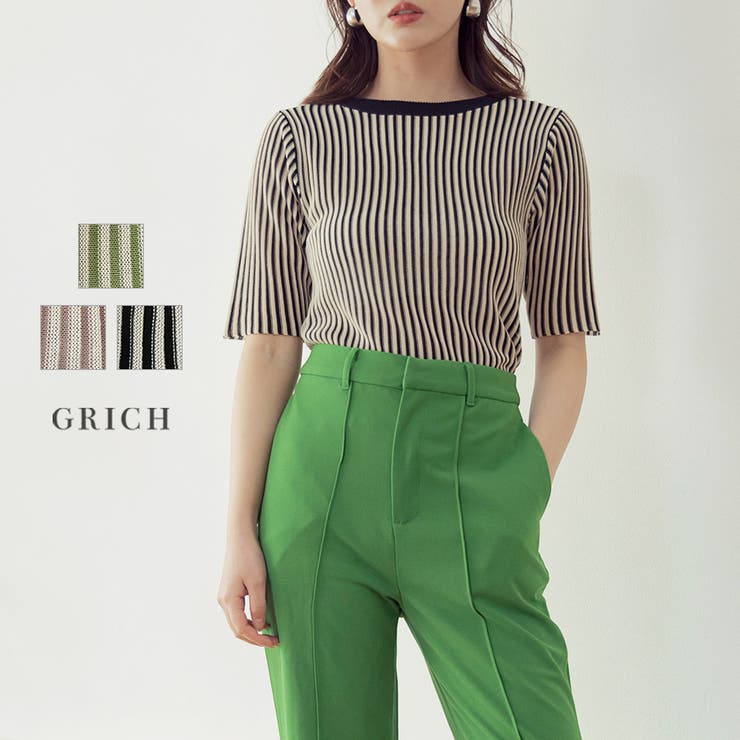 Other - 【10％OFFクーポン！5/27(水)1:59まで】Growing Rich 配色リブ5分袖プルオーバー トップス レディース ニット 半袖 サマーニット クルーネック ストライプ 柄 プルオーバー ジャガード Uネック 5分袖 配色 リブ バイカラー
