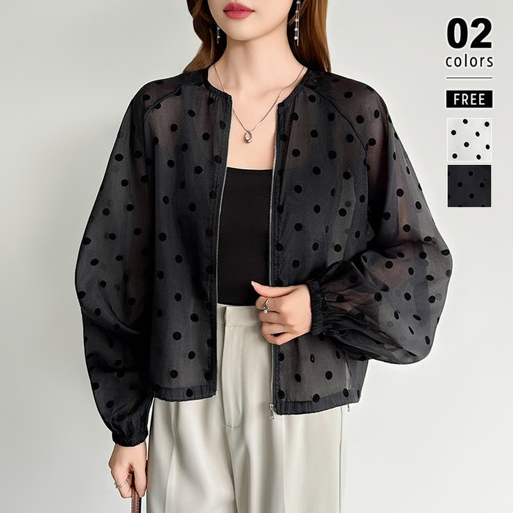 COCOMOMO 【着るだけで垢抜け】 フロッキードットシアーブルゾン シアーブルゾン ドット柄 シアー ブルゾン レディース 薄手 長袖 ノーカラー ショート丈 アウター ライトアウター ボリューム袖 ドット 冷房対策 日焼け対策 春夏 春 夏 韓国