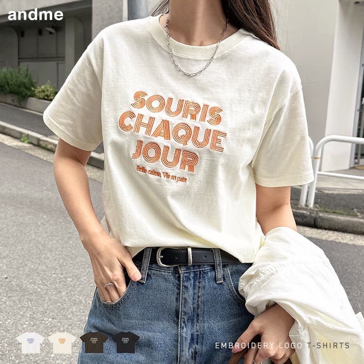 【10％OFFクーポン！7/26(日)1:59まで】andme ライン ロゴ 刺繍 半袖 Tシャツ レディース ロゴTシャツ 半袖Tシャツ カットソー インナー 体型カバー 二の腕カバー オーバーサイズ ゆったり フレンチスリーブ ノースリーブ シアー