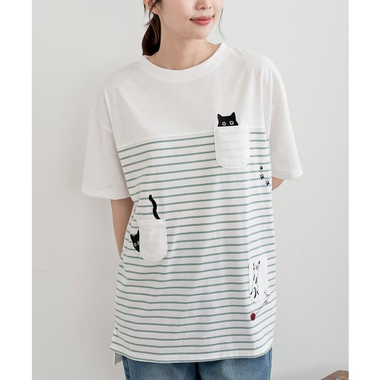 【10％OFFクーポン！7/26(日)1:59まで】rps ねこだらけ3ポケットボーダーワイドT トップス