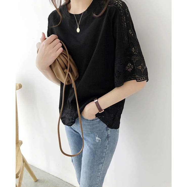 SUNSHINE CLOSET レディースレーストップス 透け感袖カットソーきれいめ 体型カバー 大人オフィスカジュアル 上品春夏服ゆったりクルーネック トップス