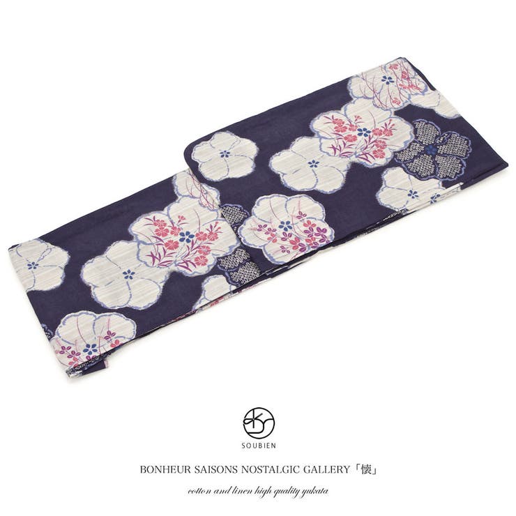 Female Yukatas - SOUBIEN レディース浴衣 bonheur saisons ボヌールセゾン 濃紺 ネイビー ベージュ 木槿 撫子 萩 鹿の子 綿麻 夏祭り 花火大会 女性用 仕立て上がり フリーサイズ 浴衣・着物