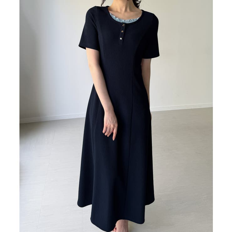【10％OFFクーポン！6/11(木)1:59まで】JUNOAH レイヤードネック リブ風カットワンピース ワンピース・ドレス