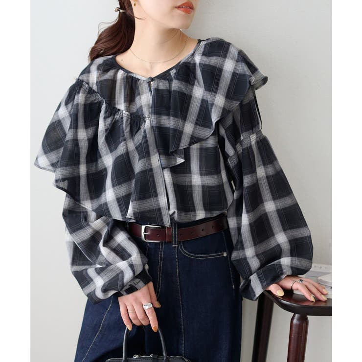 PAL GROUP OUTLET 【Discoat】シアーチェックアシメフリルブラウス トップス