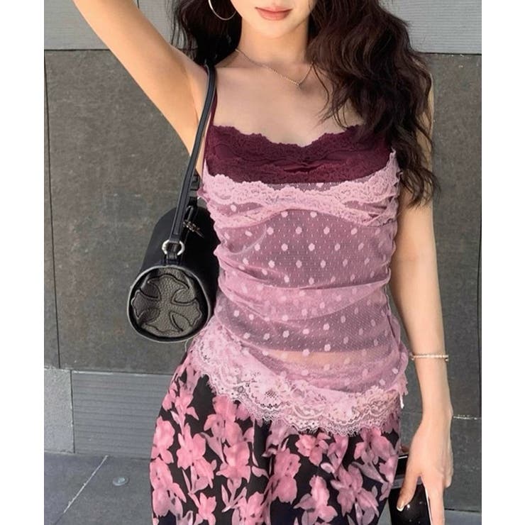 【10％OFFクーポン！6/11(木)1:59まで】SUNSHINE CLOSET レディース カップ付きインナー 透け感チュール?み着 キャミトップス大人可愛い きれいめ レトロブラキャミ レイヤード風 トップス