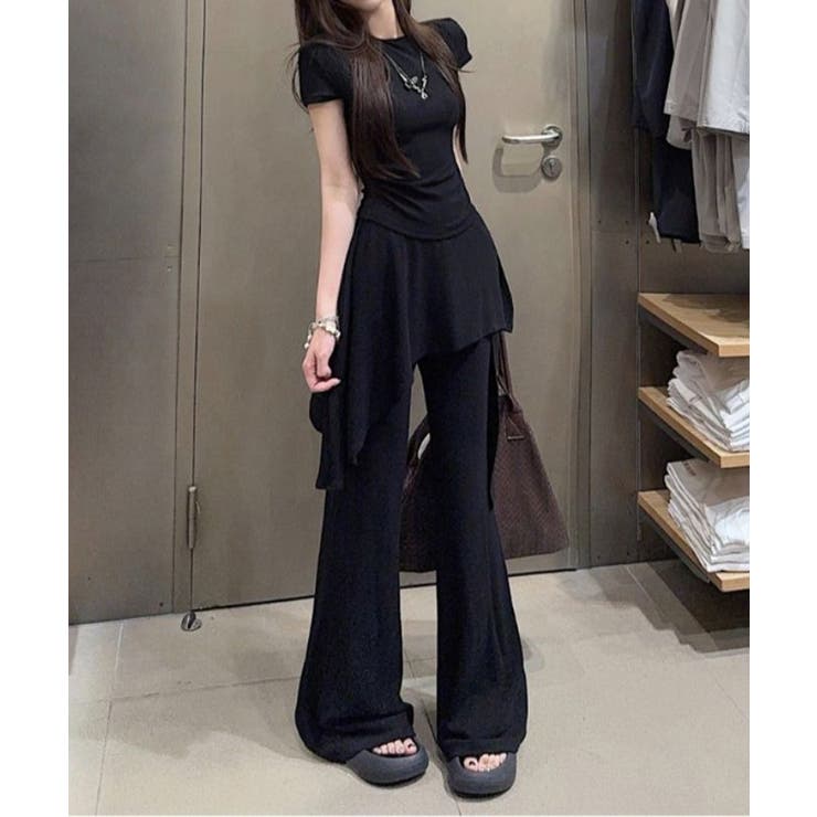 [10 % OFF 쿠폰! 6/11 (목) 1:59까지] SUNSHINE CLOSET 여성 성인 귀여운 설정 사이드 개더 티셔츠 레이어드 스타일 플레어 팬츠 하이 웨스트 미각 각장 한국풍 여름 복 신작 바지 바지