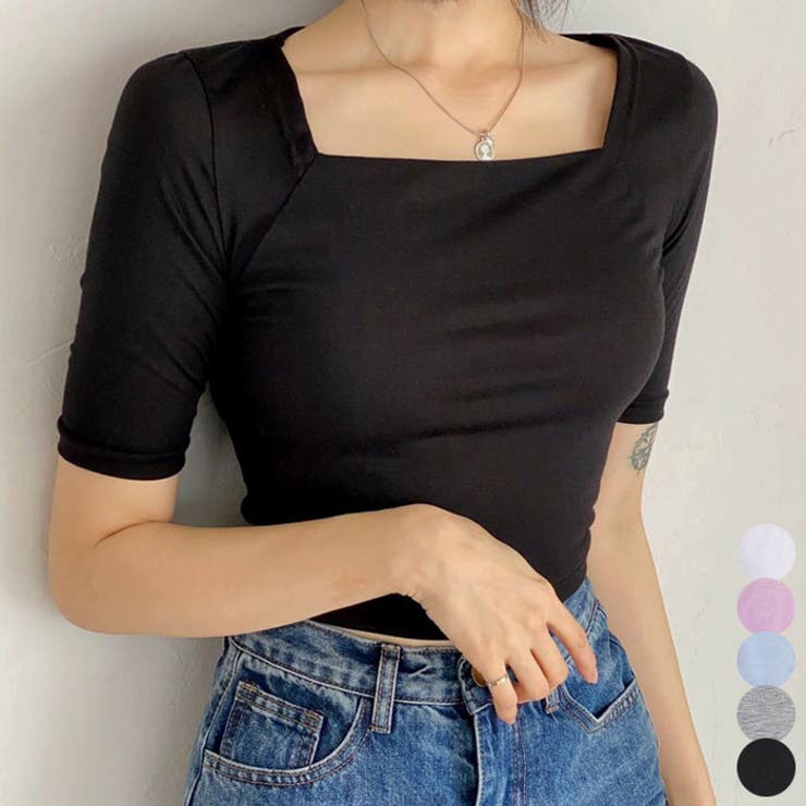【10％OFFクーポン！7/26(日)1:59まで】VIVID LADY クロップド丈スクエアネック半袖Tシャツ レディース クロップド丈tシャツ 夏 デイリー 半袖Tシャツ レディース ショート丈 半袖 スクエアネック トップス 半袖Tシャツ tsdo