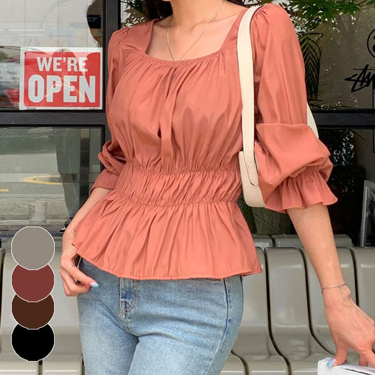 【10％OFFクーポン！9/11(金)1:59まで】VIVID LADY シャーリングパフスリーブブラウス 全4色 サテン風生地 レディース カジュアルブラウス 韓国ファッション カットソー オフショルダートップス ブラウス 長袖 かわいい bldo29 shoplistselect-10522721 SHOPLIST パッケージ画像