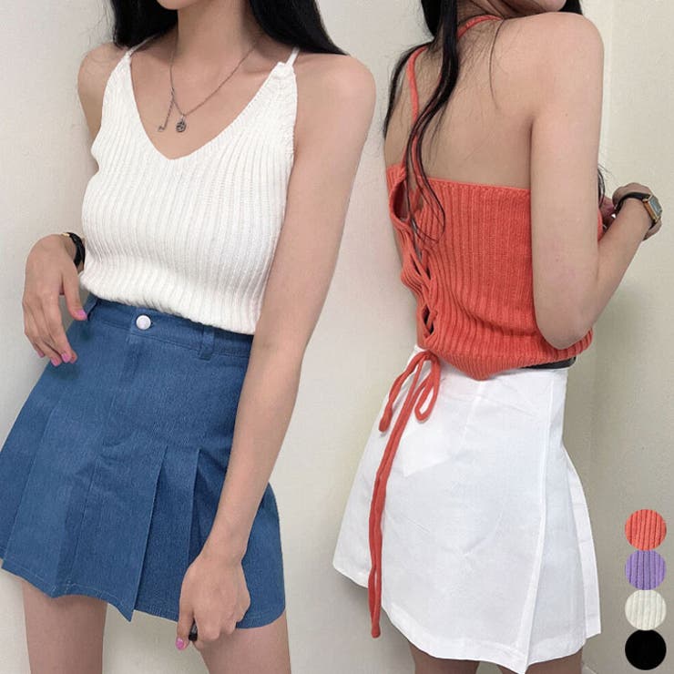 VIVID LADY 涼しいサマーリブニット ショート丈 Y2K 全4色 バックレースアップ ノースリーブトップス レディース 韓国 クロップド丈 夏ニット トップス スタイリッシュ 背中開き キャミソール kndo0943 トップス