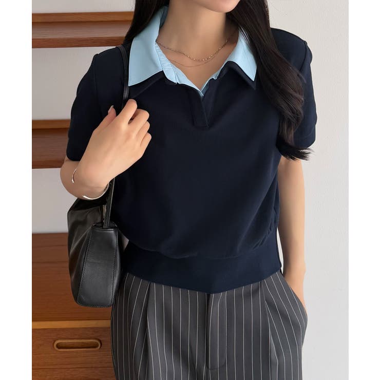 【10％OFFクーポン！7/26(日)1:59まで】junoah callautia シャツレイヤード半袖ポロシャツ トップス