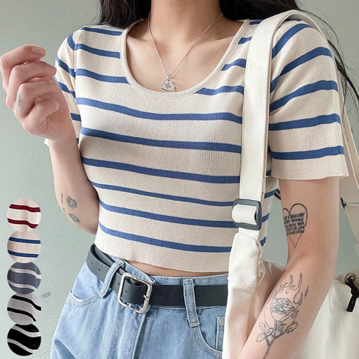 VIVID LADY ボーダー柄クロップド丈半袖ニットトップス レディース 半袖 クロップド丈 Uネック 夏ニット ニット半袖 トップス スタイリッシュ 半袖ニット レディース Uネック夏 kndo0928 トップス