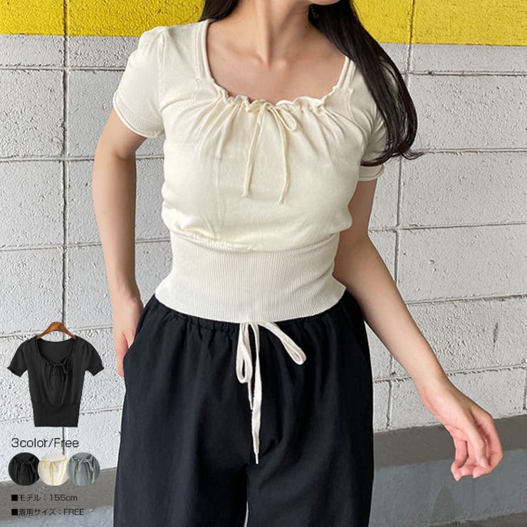 VIVID LADY スクエアネックニット半袖 クロップドニット 韓国 サマーニット Y2K 可愛い 半袖ニット レディース 全3色 クロップド丈 トップス 韓国 プルオーバー かわいい リボン kndo1065 トップス