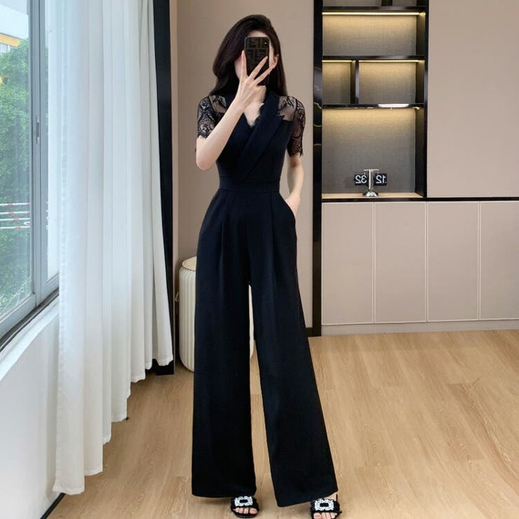 [10%OFF 쿠폰!6/11(목)1:59까지]JS FASHION 팬츠 드레스 레이스 전환 칼라 첨부 레이스 소매 웨스트 마크 올인원 반소매 롱 팬츠 플레어 팬츠 와이드 팬츠 예쁜 멋있는 오케이젼 결혼식 식사회
