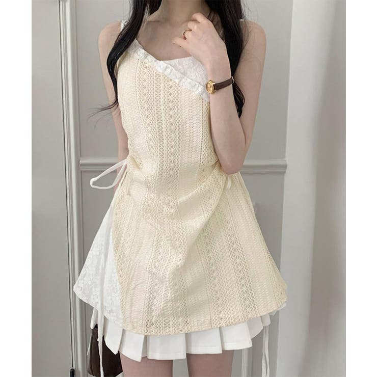 SUNSHINE CLOSET レディース レースキャミトップスサイドシャーリング ガーリーコーデ 重ね着風 ノースリーブブラウスフェミニン 大人可愛い トップス