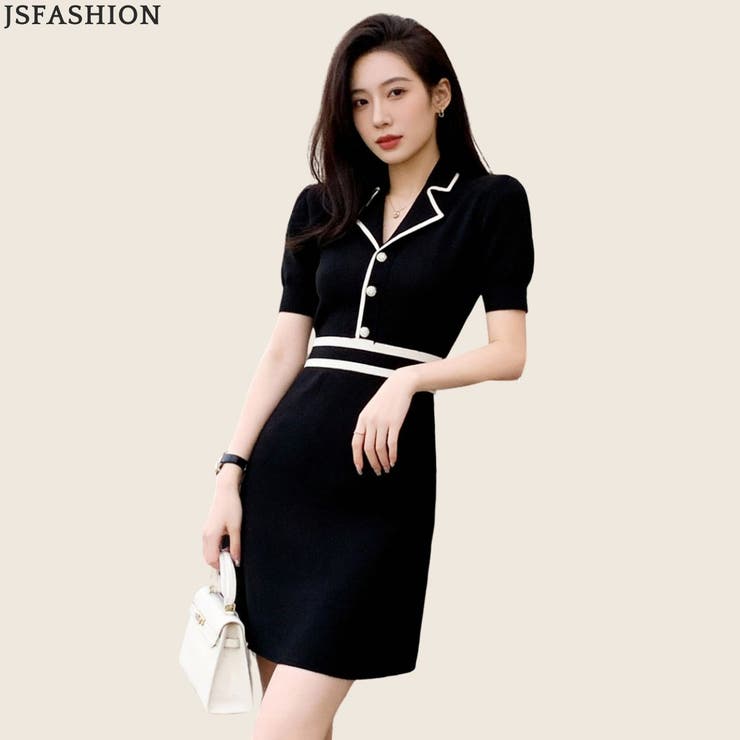 JS FASHION サマーニットワンピース レディース ショート丈 夏 半袖 ワンピース バイカラー Aライン ワンピ 襟付き きれいめ 上品 フレアワンピース 黒 オフィスカジュアル 通勤 デート ブラック ワンピース・ドレス