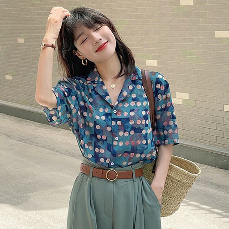 【10％OFFクーポン！7/26(日)1:59まで】Decorative 柄シャツ ドット柄 水玉柄 ぼかし柄 ブルー 青 シャボン玉柄 ペイント柄 手書き風 オープンカラー 半袖 半袖シャツ オーバーサイズ 衣装 韓国風 大きいサイズ 個性的 春服 夏