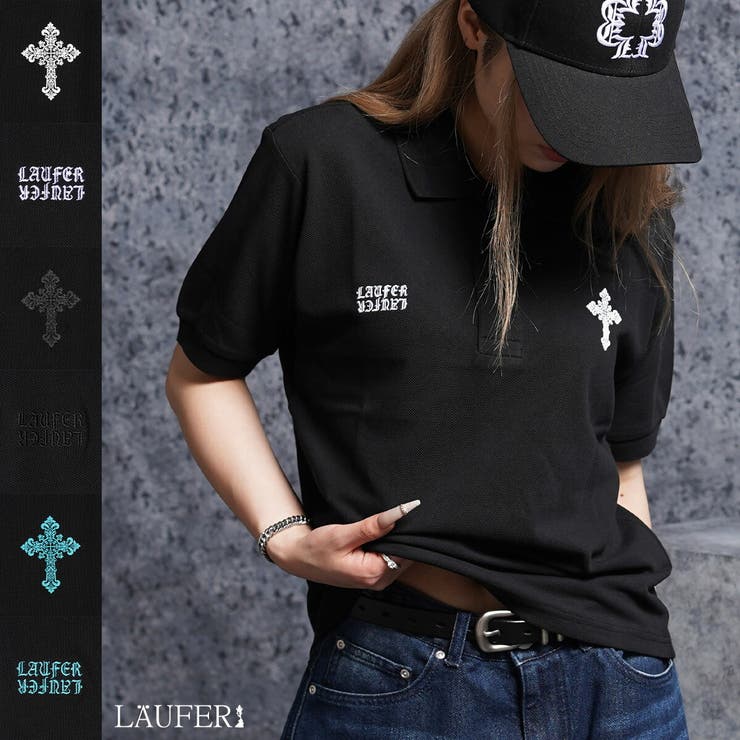 【10％OFFクーポン！7/26(日)1:59まで】ONE 4 PREMIUM ポロシャツ メンズ レディース Laufer クロスロゴ クロップド ポロシャツ 綿100% 半袖 短丈 ショート丈 ボックスシルエット 刺繍 プリント クロス 百合の紋章
