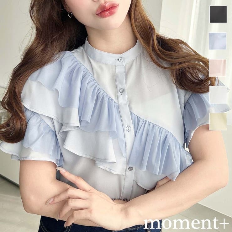 【10％OFFクーポン！7/26(日)1:59まで】moment+ シフォンジョーゼット&チュールダブルフリル半袖ブラウス トップス