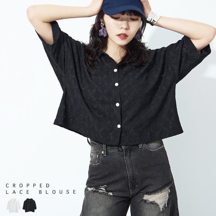 【10％OFFクーポン！7/26(日)1:59まで】Fashion Letter Fashion Letter ファッションレター 楊柳レース クロップドブラウス シャツ 半袖 ブラウス レース ショート丈 ゆったり Tシャツ トップス カットソー ママ